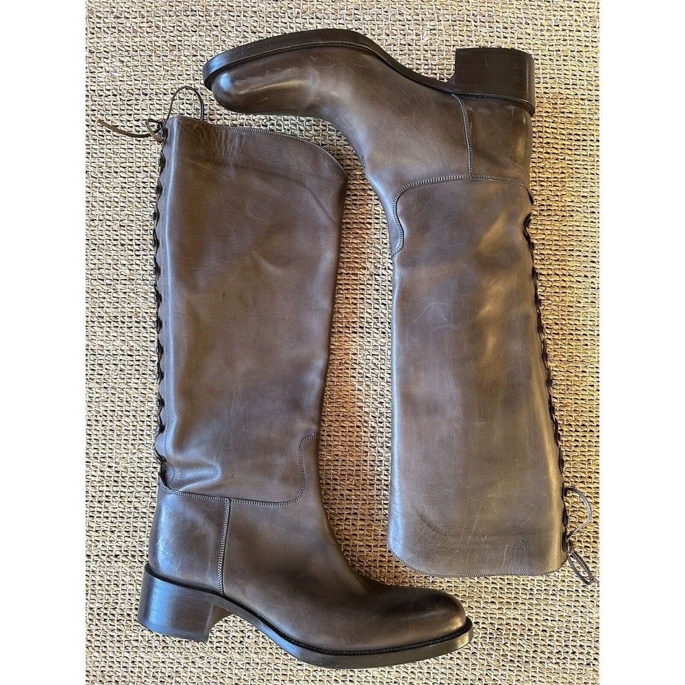SARTORE Boots Knee high Leather Riding Gray Taupe Size 39.5  EUC Lace up  Italy